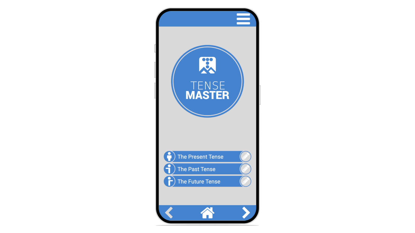 Screenshot showcasing the Tense Master mobile app for Bestlearn