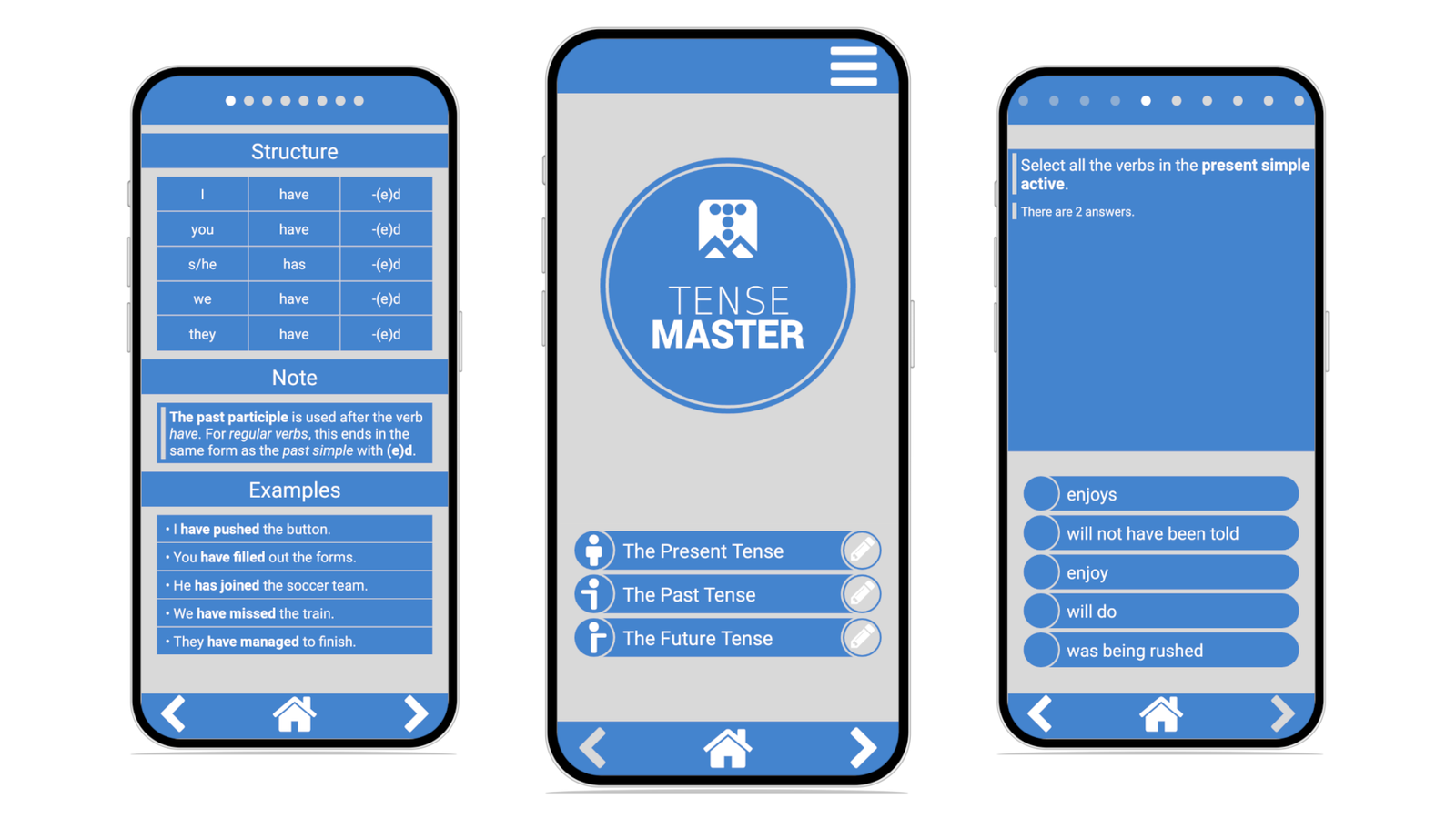 Screenshots showcasing responsive design for the Tense Master mobile app for Bestlearn