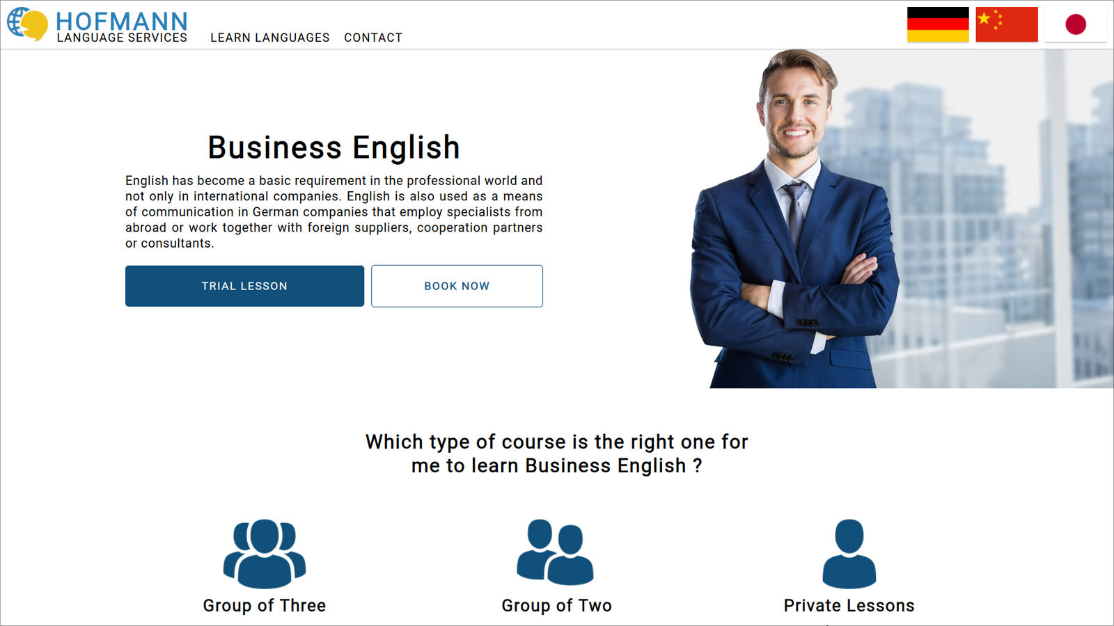 Screenshot showcasing the international website for Hofmann Language Services