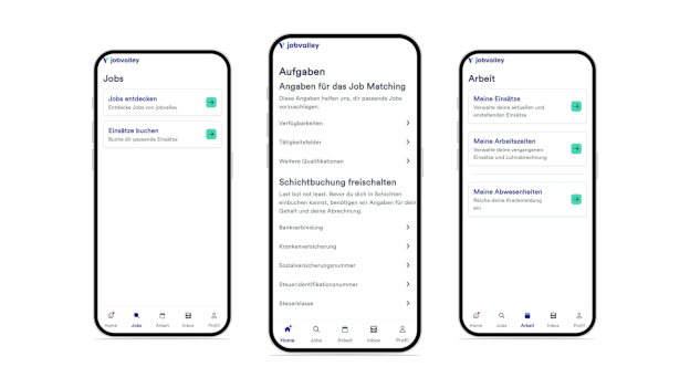 Screenshots showcasing responsive design for the mobile app for Jobvalley
