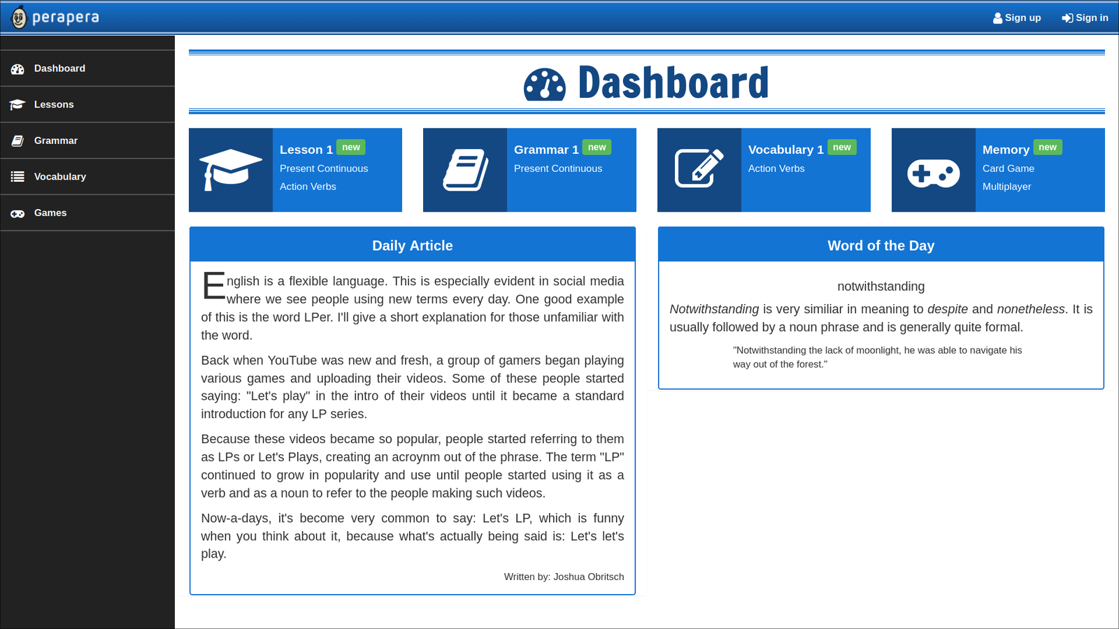 Screenshot showcasing the website for Perapera